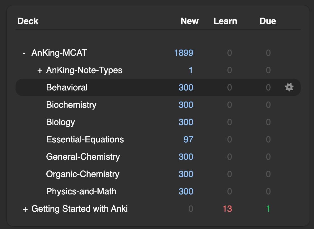 Screenshot of an MCAT Anki flashcard deck
