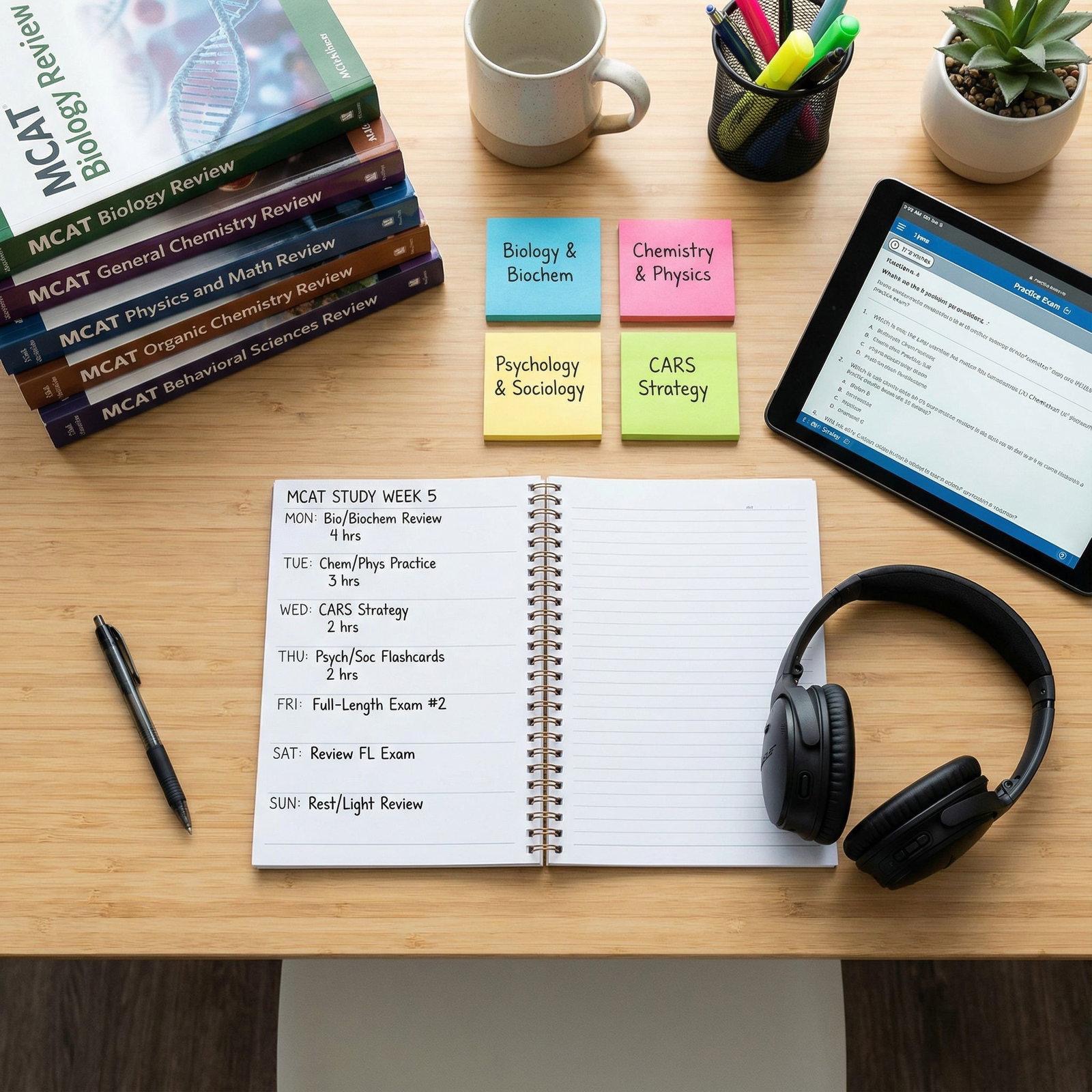 MCAT study materials, a weekly study schedule, and a practice exam on a tablet